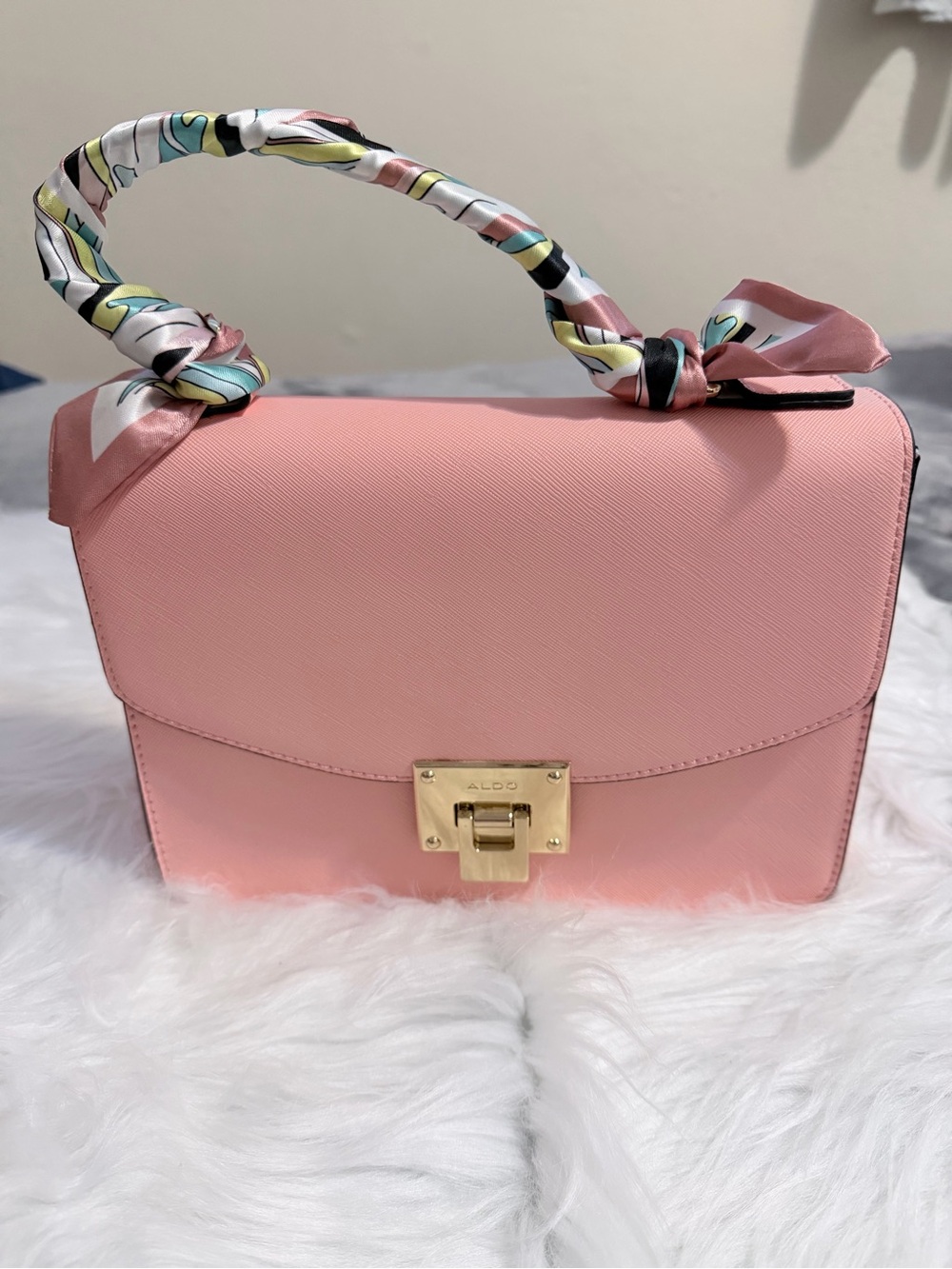 ALDO Pink Structured Top-Handle Satchel with Patterned Handle Wrap